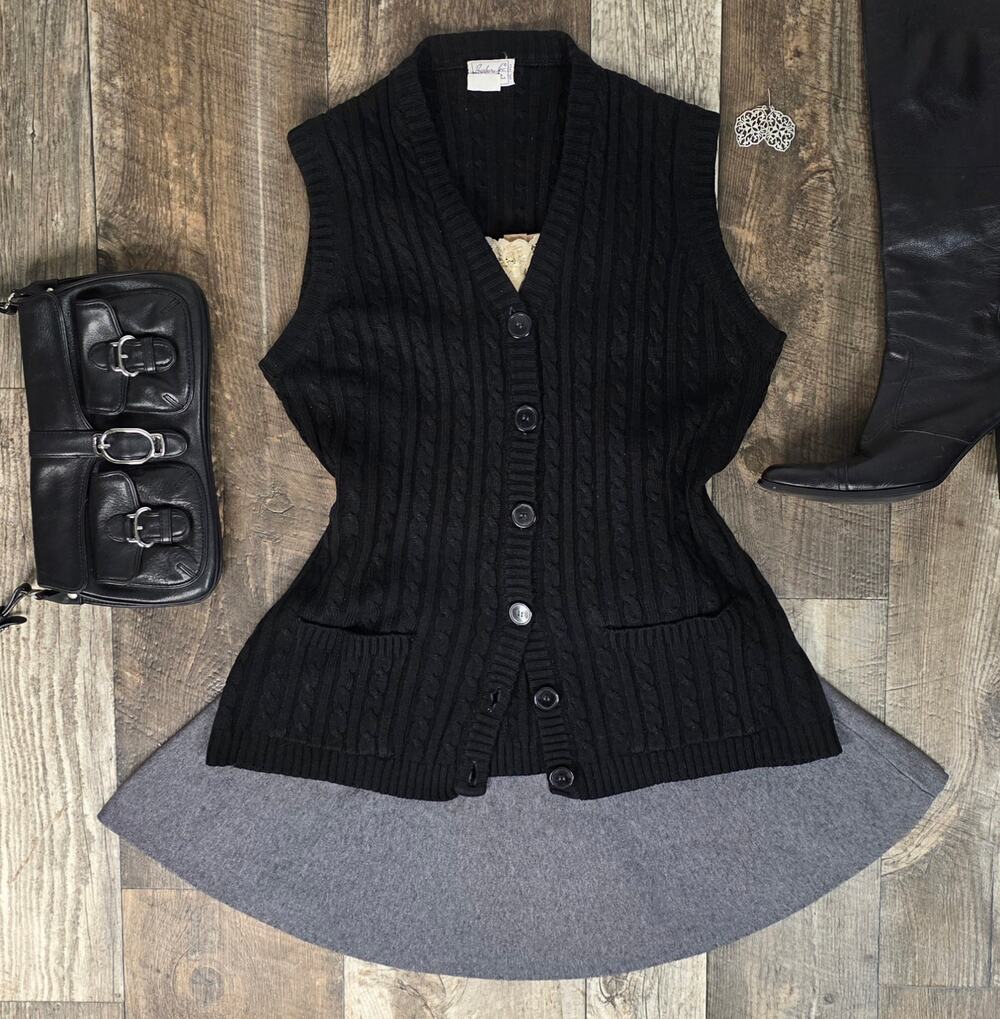 Vintage Sweater Vest Cable Knit Black Dark Academia Preppy Minimalist Button